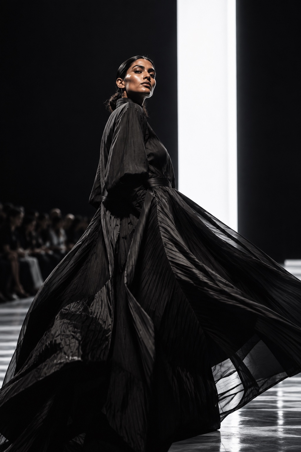 Fashion editorial: flowing black garment in a runway setting